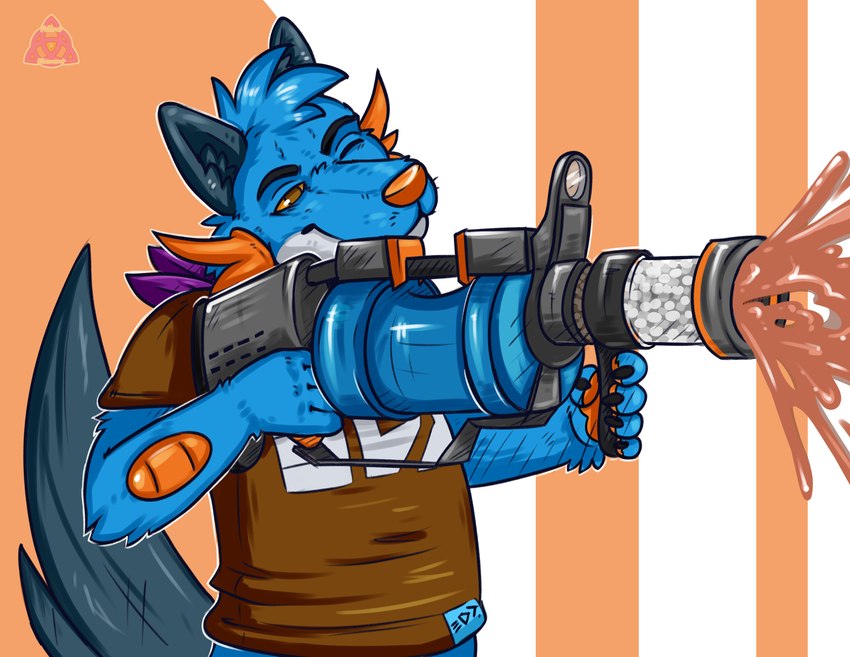 .96_gal aiming_rifle aiming_weapon anthro blue_body blue_fur bottomless bottomless_male brown_clothing brown_ink brown_shirt brown_topwear clothed clothing fin firing_weapon foregrip fur gun half_body handpaw head_tuft liquid male one_eye_closed orange_body orange_eyes orange_gills orange_nose orange_pawpads orange_scales pawpads paws ranged_weapon reflex_sight scales shirt shooting_gun simple_background smile smirk solo tail tail_fin text topwear tuft weapon conditional_dnp feline_element nintendo pokemon splatoon xevy canid canine canis generation_3_pokemon hybrid mammal pokemon_(species) swampert wolf constructed_script hi_res inkling_text