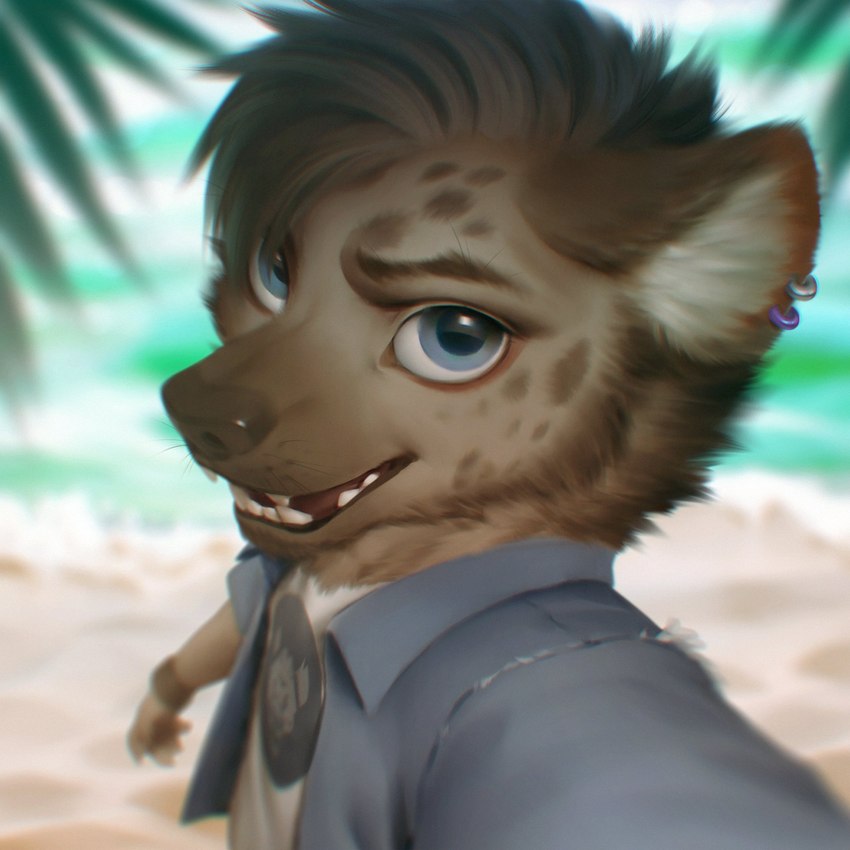 anthro beach blue_body blue_eyes blue_fur blurred_background brown_body brown_fur brown_hair brown_nose clothed clothing day detailed_background ear_piercing ear_ring fur hair looking_at_viewer male open_mouth outside piercing ring_piercing sand seaside shoreline sky smile solo teeth tongue water wayn_animation mikksies_(character) hyena mammal 1:1 2022 adobe_photoshop_(artwork) digital_media_(artwork) hi_res