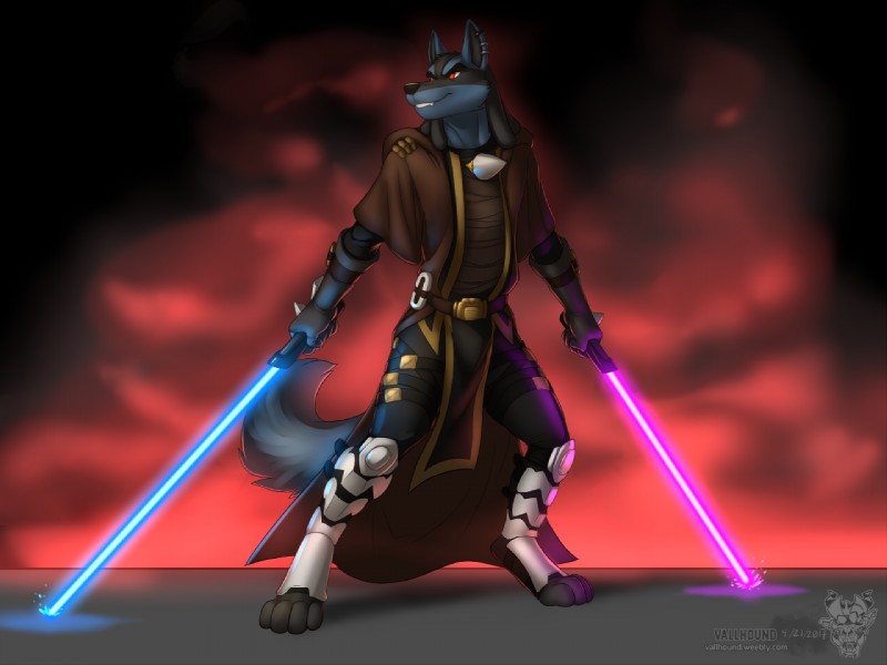 4_toes 5_fingers anthro armor belt biped black_body black_fur black_nose blue_body blue_fur blue_lightsaber clothed clothing digitigrade dual_wielding ear_piercing fangs feet fingers front_view fully_clothed fur gloves handwear holding_object holding_weapon jedi lightsaber looking_aside male melee_weapon piercing purple_lightsaber red_eyes smile solo standing tail teeth toes weapon vallhound nintendo pokemon star_wars canid canine generation_4_pokemon lucario mammal pokemon_(species) 2017 4:3 watermark