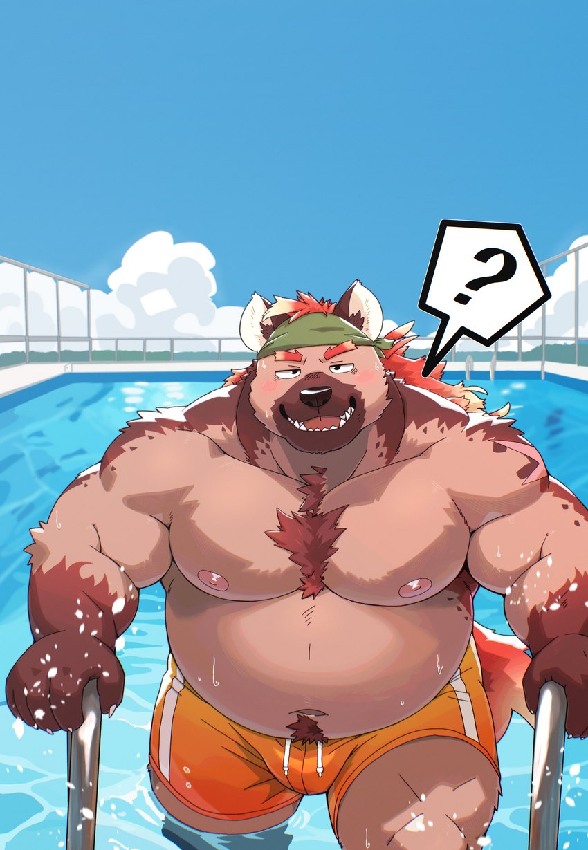 anthro belly big_belly bottomwear bulge clothing cloud detailed_background kemono male moobs navel nipples outside overweight overweight_male question_mark shorts solo swimming_pool swimwear tulrang anothereidos_of_dragon_vein_r chabeau hyena mammal 2024 absurd_res hi_res