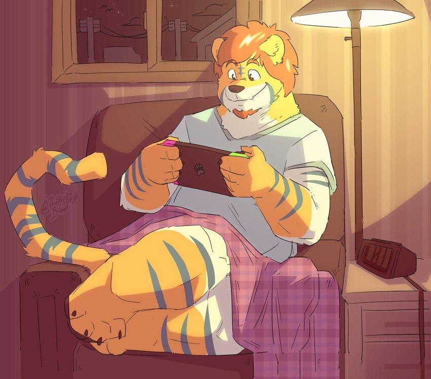 anthro beard blue_body blue_fur brown_body brown_fur electronics facial_hair fur furniture game_console lamp male night on_sofa overweight overweight_male paws rug sitting sitting_on_sofa slightly_chubby slightly_chubby_male smile sofa solo stripes thezestiestbone nintendo nintendo_switch bryce_davonport felid hybrid mammal mustelid otter pantherine tiger hi_res