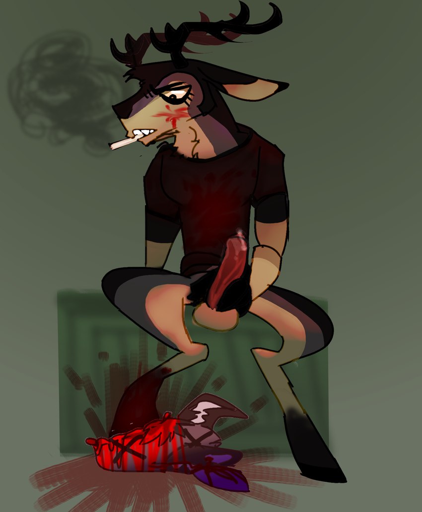 anthro blood blood_splatter bodily_fluids death decapitation duo genitals gore gore_focus male masturbation necrophilia penis smoking doeydeerie deer mammal hi_res