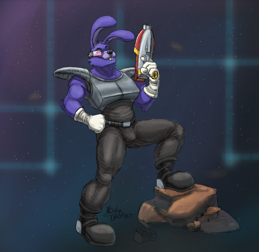 alternate_species anthro armor bodysuit buckteeth clothed clothing fur furrification gloves handwear holding_object holding_weapon male purple_body purple_fur ranged_weapon rock scouter skinsuit solo step_pose teeth tight_clothing weapon white_clothing white_gloves white_handwear inkart_flow five_nights_at_freddy's freddy_in_space_2 scottgames bonnie_(fnaf) lagomorph leporid mammal rabbit hi_res