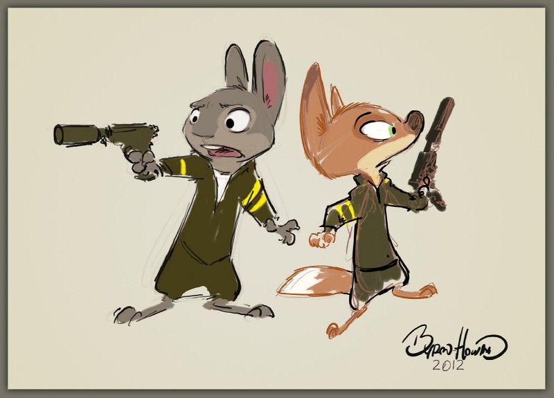 ambiguous_gender anthro border brown_body brown_fur clothed clothing duo fully_clothed fur green_eyes grey_body grey_border grey_fur gun holding_gun holding_object holding_ranged_weapon holding_weapon open_mouth ranged_weapon simple_background weapon byron_howard disney zootopia canid canine fox lagomorph leporid mammal rabbit 2012 concept_art official_art