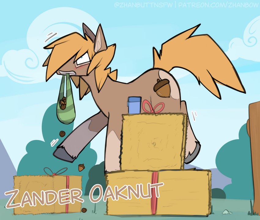 bag blush brown_body cloud cutie_mark day detailed_background feral food fruit grass hair hay hay_bale holding_bag holding_object hooves mouth_hold nut_(fruit) orange_hair orange_tail outside plant sky solo tail text thermos tree zhanbow hasbro my_little_pony zander_(zhanbow) equid equine horse mammal pony 2022 absurd_res artist_name character_name digital_media_(artwork) english_text hi_res url