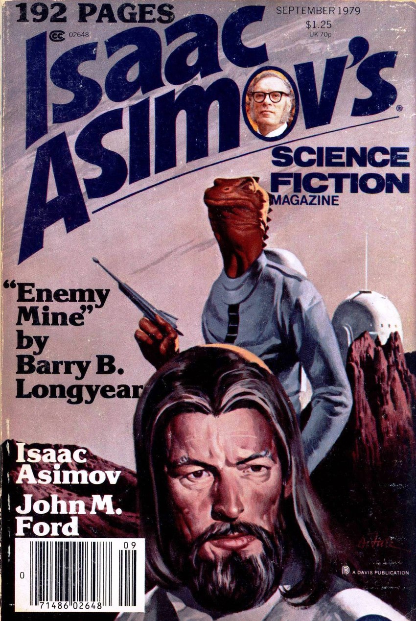 ambiguous_gender anthro duo facial_hair laser_gun mustache photo ranged_weapon rock weapon vincent_di_fate issac_asimov's_science_fiction_magazine human mammal scalie 1979 20th_century ancient_art cover hi_res magazine_cover