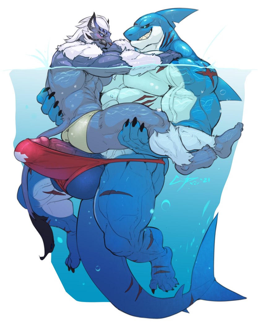 abs anthro anthro_on_anthro balls barazoku barefoot barely_contained barely_contained_balls barely_contained_penis biceps big_balls big_muscles big_penis blush butt carrying_another claws clothed clothing duo erection erection_under_clothing erection_under_speedo eyebrows feet fin fur genitals gills hair huge_balls huge_muscles huge_penis humanoid_genitalia humanoid_penis imminent_sex ineffective_clothing looking_at_another looking_down male male/male muscular muscular_anthro muscular_male obliques partially_submerged pecs penis scar simple_background size_difference smile speedo swimming swimwear teeth tenting thick_penis thick_thighs tuft vein veiny_muscles water wet wet_body wet_fur white_background nightterror final_fantasy final_fantasy_xiv square_enix lyga felid feline fish hrothgar mammal marine shark 2022 absurd_res hi_res signature