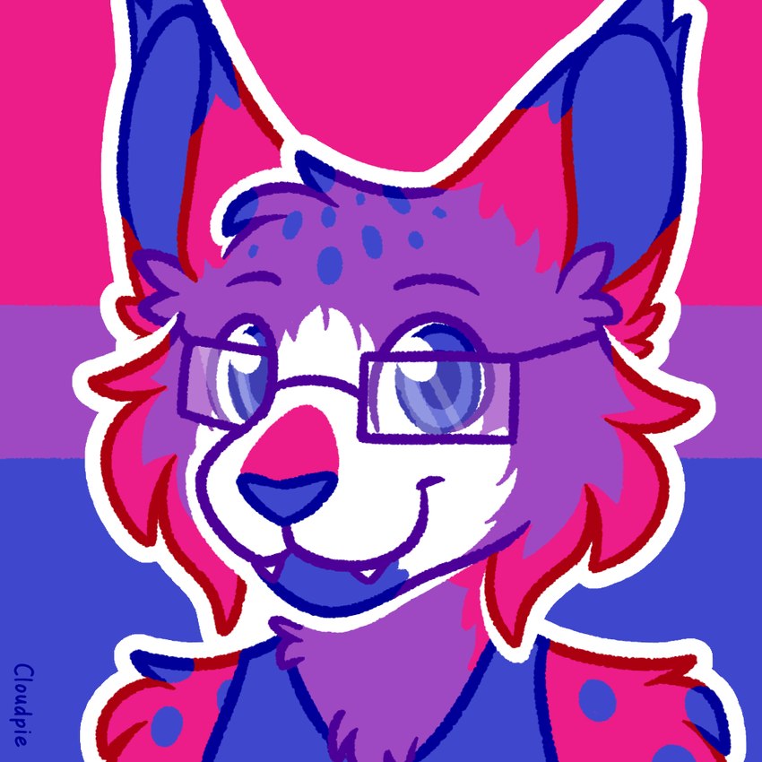 ambiguous_gender anthro bisexual_pride_colors clothed clothing ear_tuft eyebrows eyewear fangs fur glasses lgbt_pride looking_at_viewer outline pride_color_background pride_color_palette pride_colors rectangular_glasses shirt simple_background smile smiling_at_viewer snout solo tank_top teeth topwear tuft white_outline cloudpie conditional_dnp lgbt_pride_month felid feline lynx mammal 1:1 2021 bust_portrait clip_studio_paint_(artwork) digital_drawing_(artwork) digital_media_(artwork) icon portrait restricted_palette