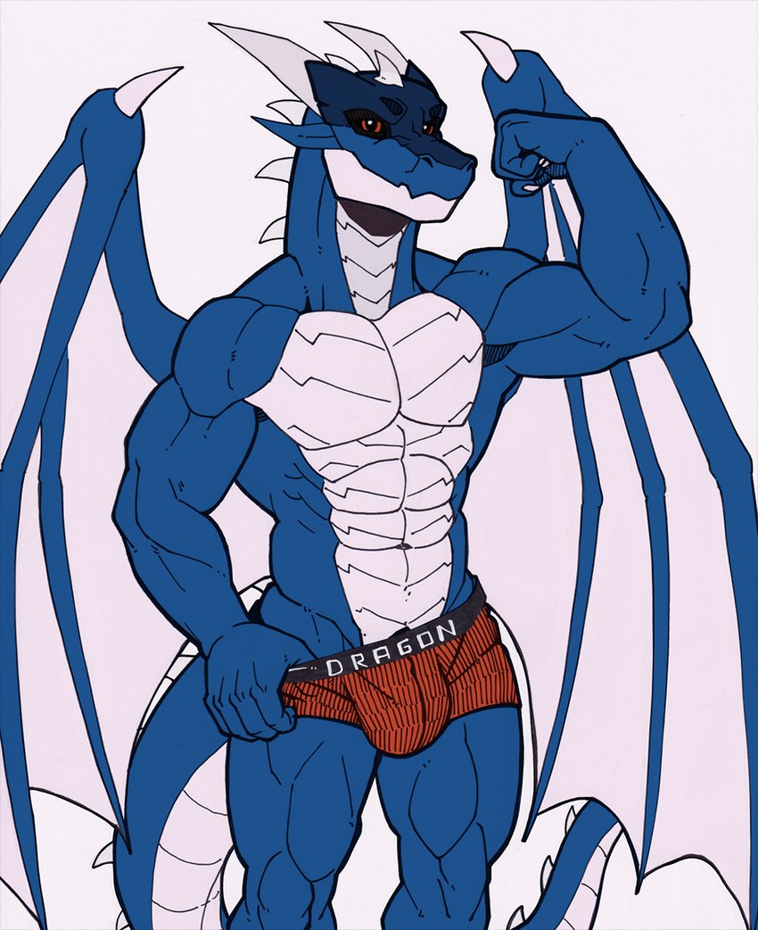 abs anthro boxers_(clothing) clothed clothing flexing flexing_bicep hand_on_underwear horn leg_muscles looking_at_viewer male membrane_(anatomy) membranous_wings muscular muscular_anthro muscular_male smug_face solo tail underwear underwear_only wings kodiak3d nameless00 third-party_edit mythology vendragon dragon mythological_creature mythological_scalie scalie hi_res monochrome