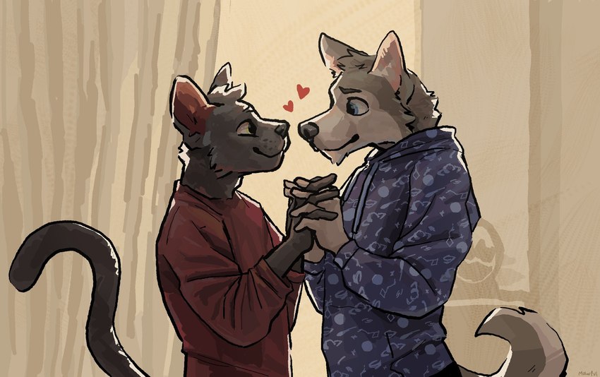 anthro blue_clothing blue_eyes clothed clothing duo eye_contact hand_holding heart_pair heart_symbol hoodie inside interlocked_fingers looking_at_another male male/male red_clothing red_heart shared_heart standing topwear yellow_eyes mawfulme canid canine felid feline mammal 2021 hi_res