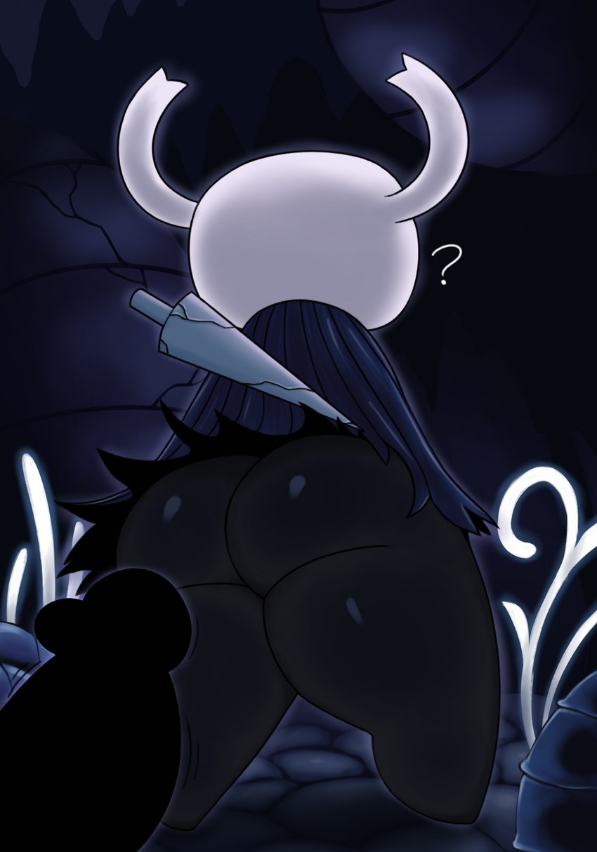 anthro big_butt black_body blue_background bottom_heavy butt cave cloak cloak_only clothing detailed_background duo genitals horn imminent_sex male male/male nail_(hollow_knight) penis penis_silhouette question_mark rear_view rock shell simple_background thick_thighs throbbing throbbing_penis weapon weapon_on_back zlut385 hollow_knight team_cherry the_knight_(hollow_knight) arthropod vessel_(species) colored digital_drawing_(artwork) digital_media_(artwork) hi_res