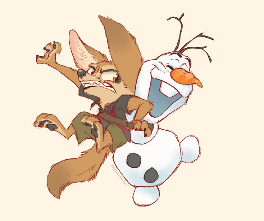 angry anthro brown_body brown_fur clothed clothing duo fully_clothed fur hug lifting open_mouth open_smile shirt simple_background smile snow snowman tan_background teeth topwear nyaasu disney frozen_(disney) zootopia finnick_(zootopia) olaf_(frozen) canid canine elemental_creature fennec_fox fox mammal mineral_fauna snow_creature true_fox 2019