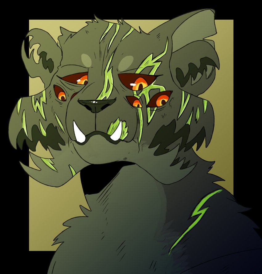 5_mouths 6_eyes anthro body_horror brown_sclera fur gradient_background green_body green_fur green_nose head_tuft male multi_eye multi_mouth multicolored_eyes open_mouth orange_eyes simple_background solo tuft two_tone_eyes yellow_eyes imperatorcaesar felid mammal alpha_channel bust_portrait portrait