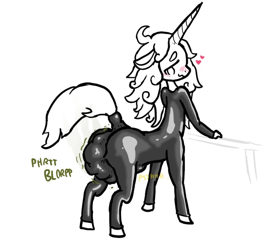 blush bulge clothing hair heart_symbol horn latex latex_clothing latex_skinsuit male peeing pooping skinsuit solo tight_clothing lilymoo mythology equid equine mammal mythological_creature mythological_equine taur unicorn unicorn_taur