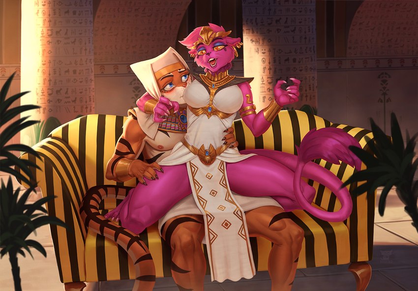 anthro blue_eyes breasts clothed clothing duo ear_piercing ear_ring female fur male male/female orange_body orange_fur piercing pink_body pink_fur ring_piercing striped_body striped_fur stripes tail yellow_sclera hacatiko hasina_(overwatchpon3) thunder_tail felid feline mammal 2023