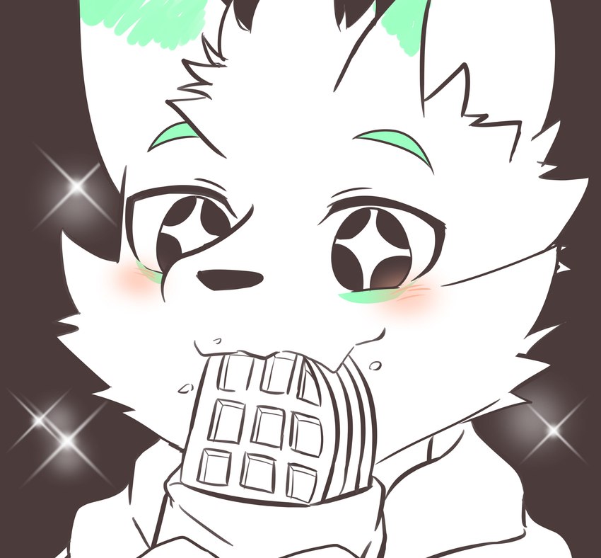 anthro blush blush_lines clothed clothed_anthro clothed_male clothing eating eating_food eyebrows food front_view fur green_ears green_eyebrows holding_food holding_object inner_ear_fluff male simple_background solo sparkles sparkling_eyes tuft waffle potato_12_13 ayu_space_(potato_12_13) canid canine canis domestic_dog mammal 2022 absurd_res hi_res