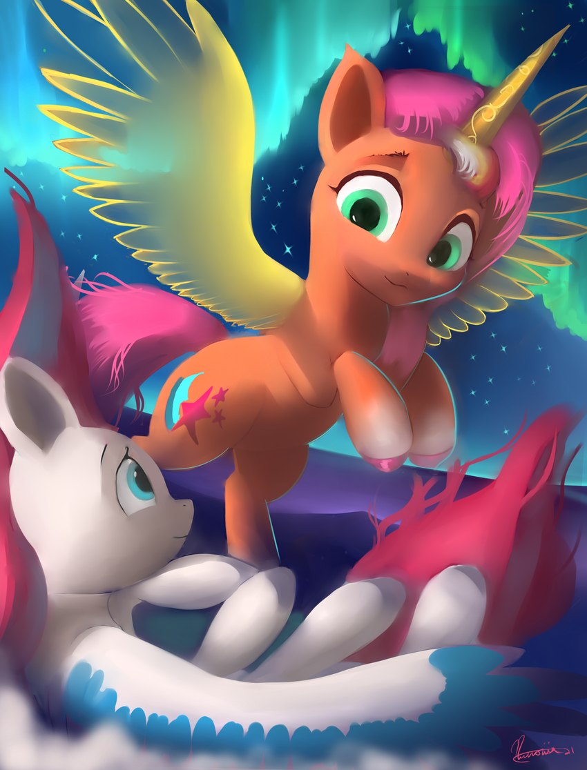 cutie_mark duo green_eyes hair horn pink_hair smile wings auroriia hasbro mlp_g5 my_little_pony mythology sunny_starscout_(mlp) zipp_storm_(mlp) equid equine mammal mythological_creature mythological_equine winged_unicorn 2021 digital_media_(artwork) hi_res