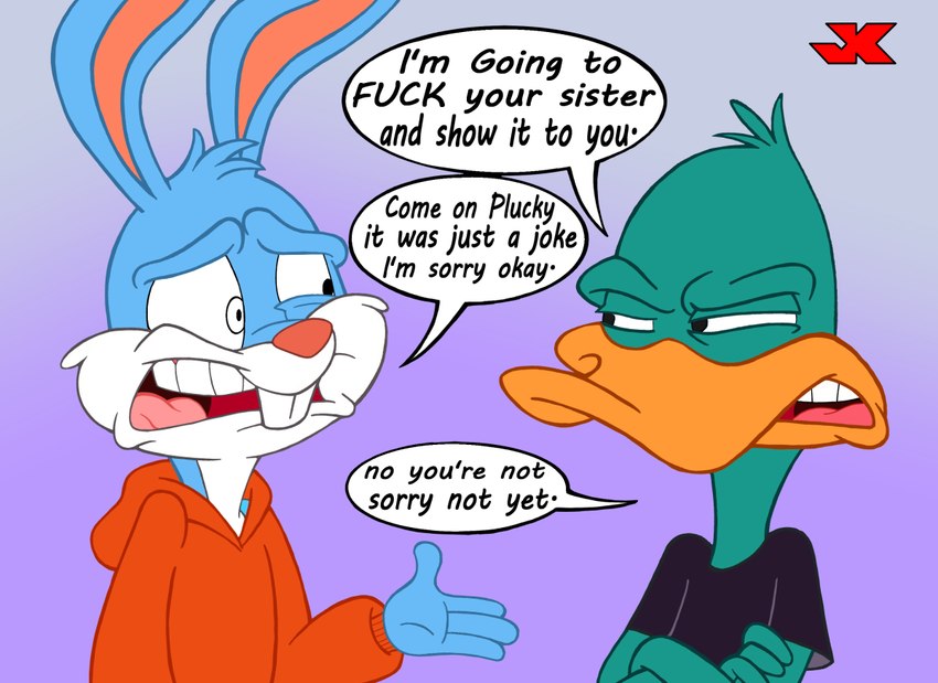 angry anthro blue_body blue_fur buckteeth clothing crossed_arms dialogue duo fur gradient_background green_body green_fur insult male narrowed_eyes out_of_context profanity serious simple_background speech_bubble squint teeth text jk tiny_toon_adventures tiny_toons_looniversity warner_brothers buster_bunny plucky_duck anatid anseriform avian bird duck lagomorph leporid mammal rabbit 2023 bust_portrait digital_media_(artwork) english_text portrait watermark