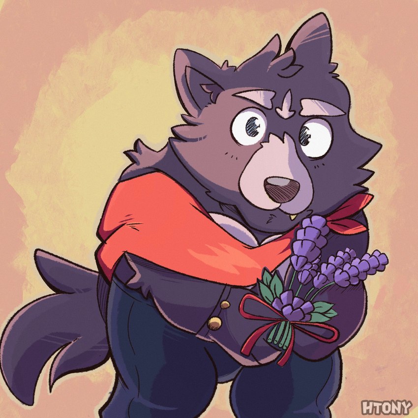 anthro bow_ribbon flower fur glistening glistening_eyes holding_flower holding_object lavender_(flower) looking_at_viewer male orange_background overweight overweight_male pecs plant purple_body purple_fur simple_background single_tooth solo text kyroshiba adastra adastra_(series) echo_project amicus_(adastra) canid canine canis mammal wolf 1:1 artist_name hi_res