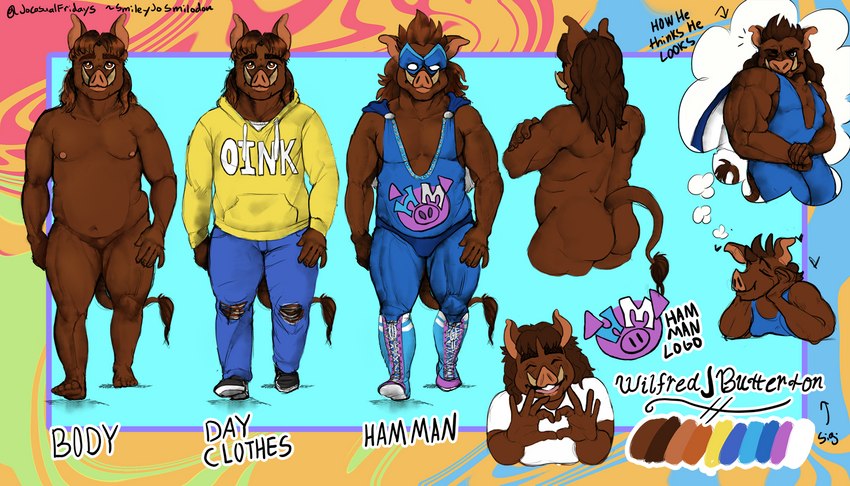 anthro belly big_belly brown_body brown_fur brown_hair floppy_ears fur hair male mullet musclegut muscular oink overweight overweight_male slightly_chubby solo superhero superhero_costume thick_thighs tusks pantsu_smiley reff_(character) domestic_pig mammal suid suina sus_(pig) wild_boar model_sheet