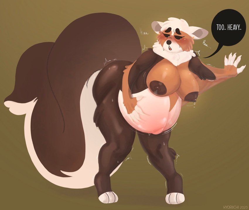 anthro areola belly big_belly big_breasts big_butt big_tail bodily_fluids breasts brown_areola butt dialogue female hand_on_belly lactating nude pregnant pregnant_anthro pregnant_female shaking solo tail text thick_thighs trembling kyoriichi ginger_(kyoriichi) mammal procyonid raccoon english_text hi_res