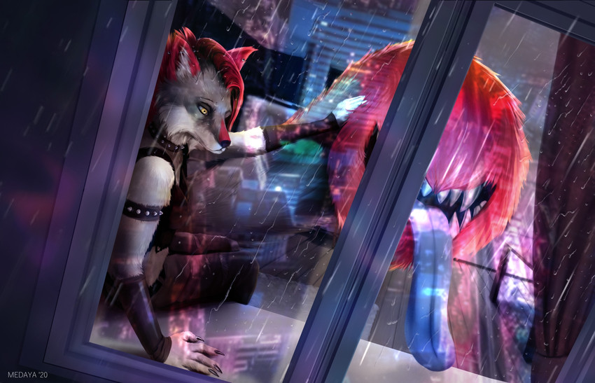 alternative_fashion anthro collar female glistening hotel hotel_room looking_through looking_through_window petting punk punk_hair rain_on_window reflection sitting solo tail tail_mouth tongue tongue_out unusual_anatomy unusual_tail water water_reflection window window_sill yellow_eyes medaya legend_of_ahya ahya_(legend_of_ahya) taylor_renee_wolford_(darkflamewolf) canid canine canis mammal wolf hi_res