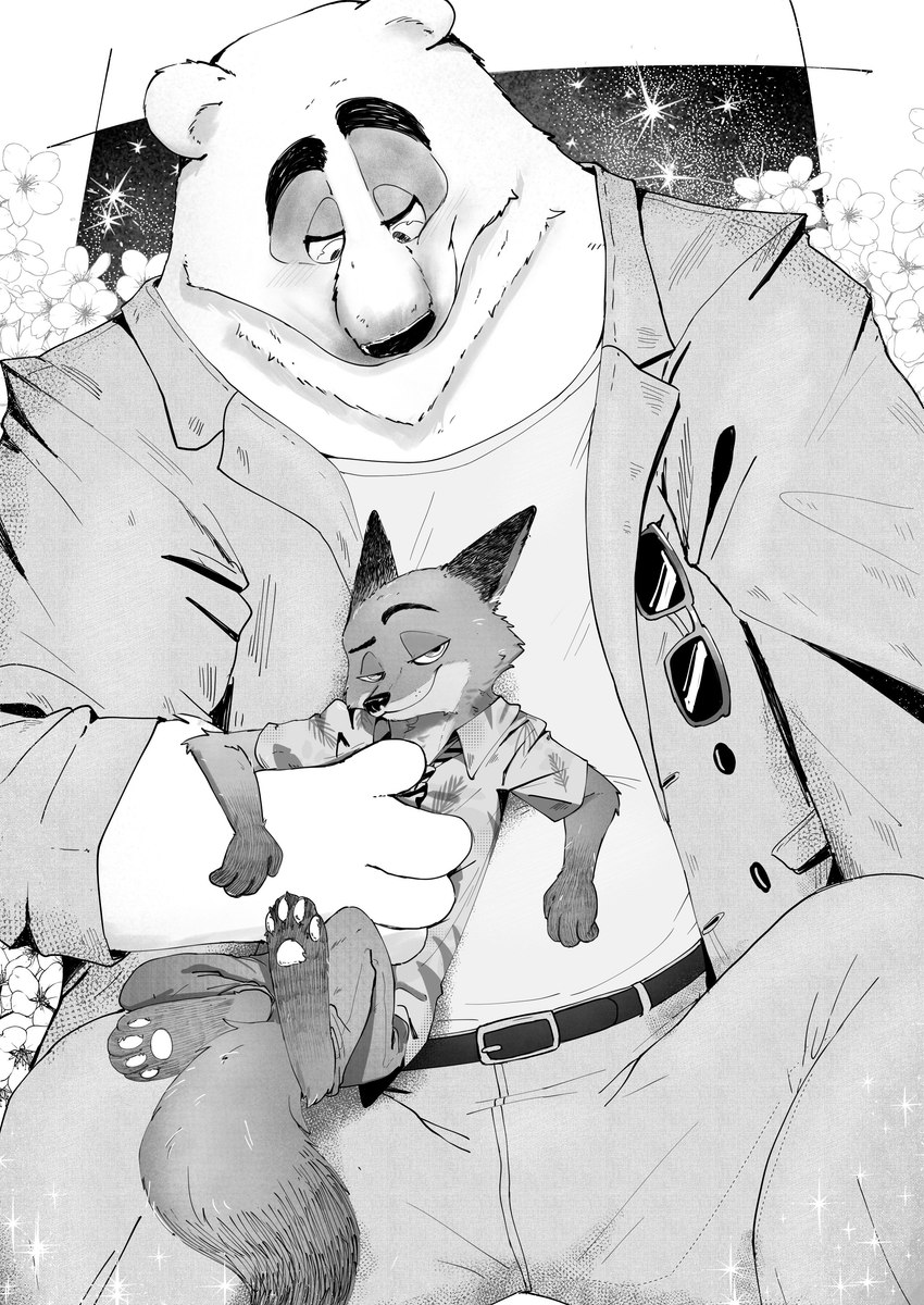 anthro bottomwear clothed clothing duo eyewear fur grabbing_from_behind hug looking_at_viewer male male/male necktie paws simple_background size_difference smile smiling_at_viewer smirk smirking_at_viewer sunglasses tail ottotopus disney zootopia fan_character nick_wilde bear canid canine fox mammal polar_bear ursine absurd_res black_and_white digital_media_(artwork) hi_res monochrome