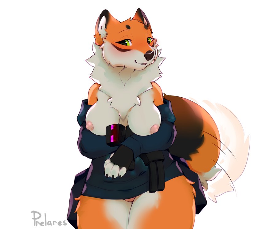 anthro big_breasts black_ears black_tail blush breasts cheek_tuft chin_fluff clothing duo facial_tuft female fluffy fluffy_tail fur green_eyes jacket multicolored_body multicolored_ears multicolored_face multicolored_fur multicolored_head multicolored_neck multicolored_tail nipples orange_body orange_ears orange_fur orange_neck orange_tail panties pink_clothing pink_nipples pink_panties pink_underwear plushie purple_eyes read_face solo square_(anatomy) tail tail_motion tailwag topwear toy tuft underwear white_body white_face white_fur prelares microsoft minecraft mojang xbox_game_studios canid canine enderman fox mammal hi_res