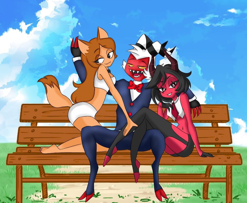 anthro black_hair breasts clothed clothing detailed_background female fluffy fluffy_tail fur group hair horn interspecies male male/female open_mouth open_smile orange_body orange_fur orange_hair partially_clothed red_body smile tail trio shesha_b_12 hazbin_hotel helluva_boss dia_(hazbin_hotel) moxxie_(helluva_boss) summer_(hazbin_hotel) demon felid feline humanoid imp mammal hi_res