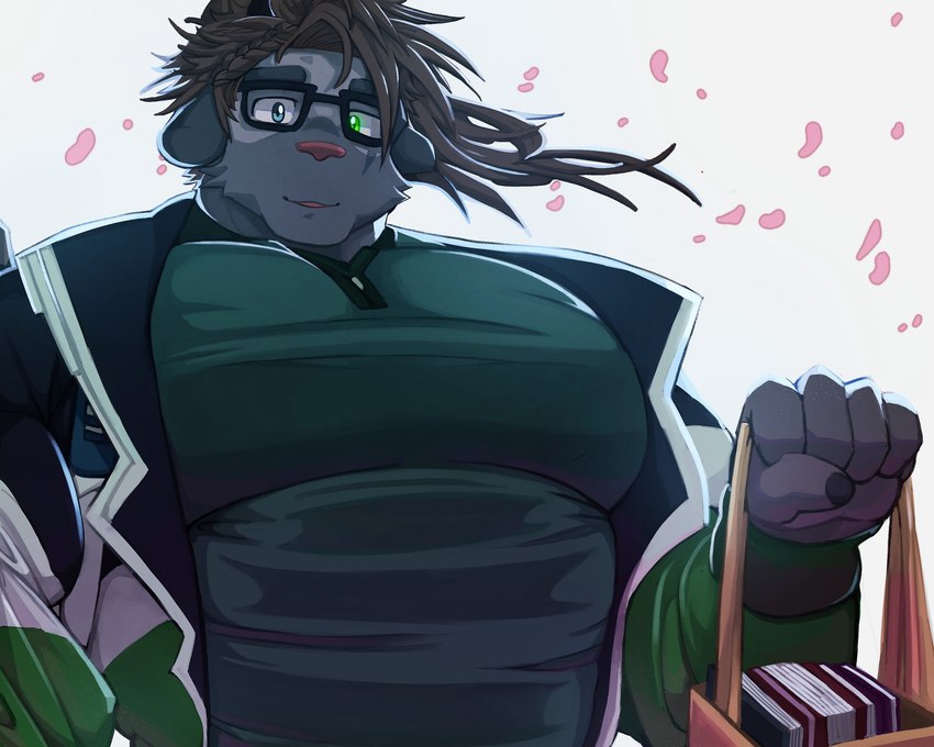 big_muscles book clothed clothing eyewear fur glasses glowing glowing_eyes grey_body grey_fur horn looking_at_viewer male muscular pecs simple_background solo zhangkuu lifewonders tokyo_afterschool_summoners catoblepas_(tas) mammal 5:4 hi_res