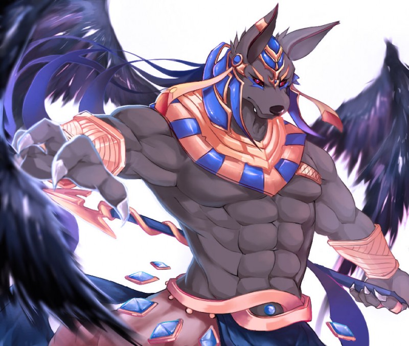 abs anthro armband biceps black_body black_sclera clothed clothing feathered_wings feathers fur headdress male muscular muscular_anthro muscular_male pecs red_eyes simple_background solo topless white_background wings tengo egyptian_mythology middle_eastern_mythology mythology puzzle_and_dragons anubis_(puzzle_and_dragons) anubian_jackal canid canine canis deity jackal mammal 2015 digital_media_(artwork)