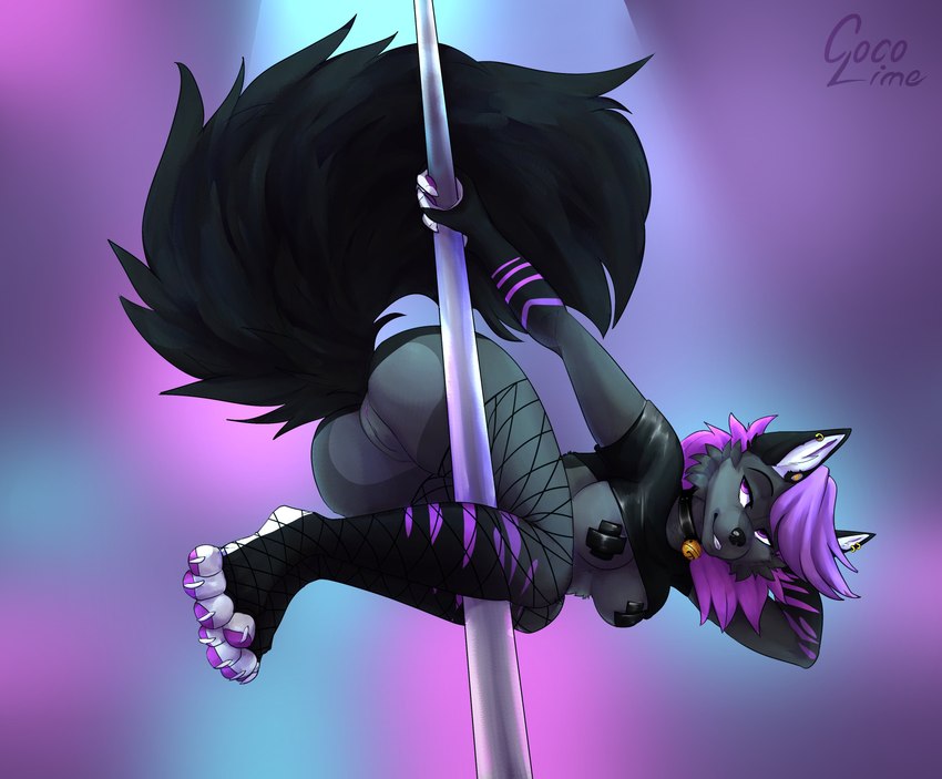 anthro breasts butt clothed clothing collar dancing female fishnet_clothing fishnet_legwear genitals legwear nipple_tape pasties pole pole_dancing pussy solo tape cocoline_(artist) cocoline canid canine canis mammal wolf absurd_res digital_media_(artwork) hi_res shaded