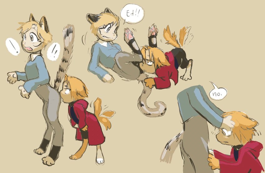 alternate_species animal_arms animal_legs anthro butt_sniffing dialogue duo furrification male male/male sniffing tail tail_motion tailwag text young young_anthro young_male dokudrinker fullmetal_alchemist alphonse_elric edward_elric canid canine canis domestic_cat domestic_dog felid feline felis mammal 2019 english_text hi_res brother_(lore) brothers_(lore) incest_(lore) sibling_(lore)