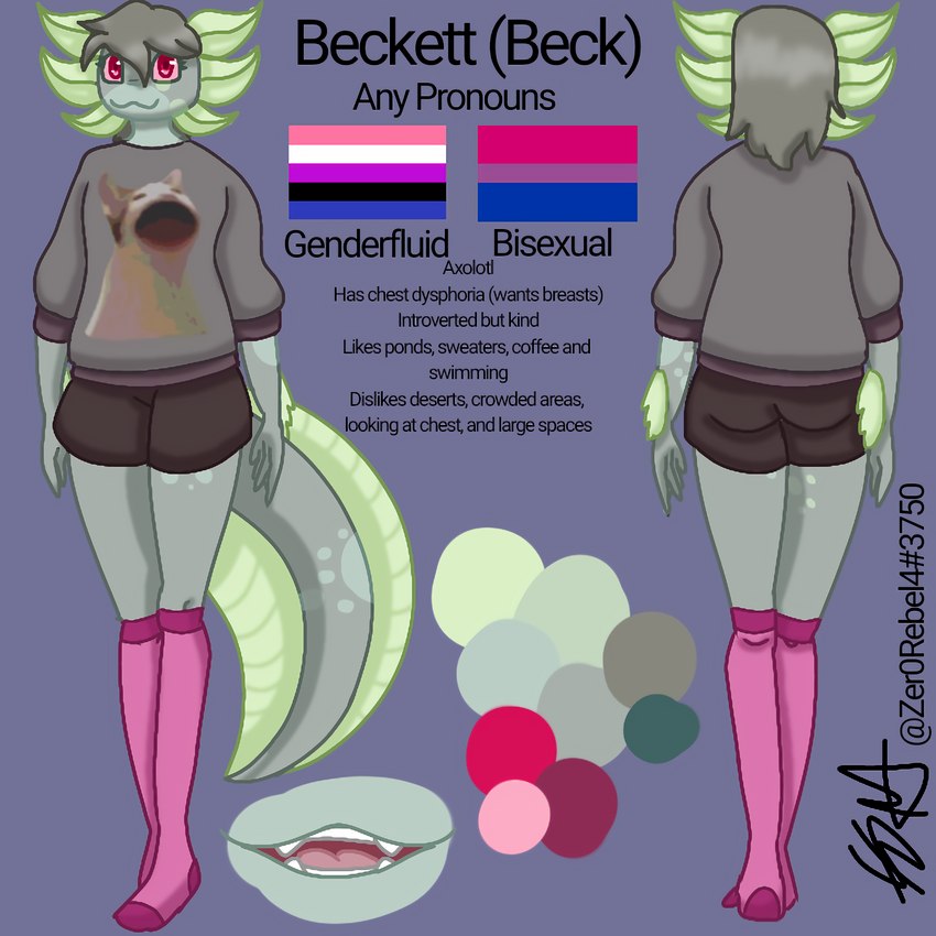 anthro bisexual_pride_colors bottomwear clothed clothing female flat_chested footwear genderfluid_pride_colors green_body green_skin hair knee_highs knee_socks legwear lgbt_pride long_tail markings membrane_(anatomy) non-mammal_hair open_mouth pink_eyes pink_sclera pride_colors shorts smile socks solo spots spotted_markings stated_bisexuality stated_sexuality sweater tail teeth text tongue topwear webbed_hands zer0rebel4 meme_clothing pop_cat beckett_(zer0rebel4) amphibian axolotl marine mole_salamander salamander 1:1 absurd_res digital_media_(artwork) english_text hi_res meme model_sheet nonbinary_(lore) trans_(lore)