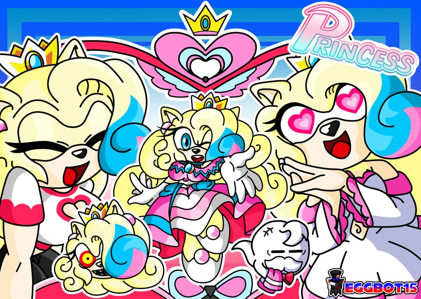 blonde_hair clothing crown dress ear_piercing female gloves hair handwear headgear heart_eyes heart_symbol piercing poster solo eggbot15 sega sonic_the_hedgehog_(series) fan_character princess_(eggbot15) boo_(sonic) eulipotyphlan hedgehog mammal absurd_res collage_(artwork) digital_media_(artwork) hi_res