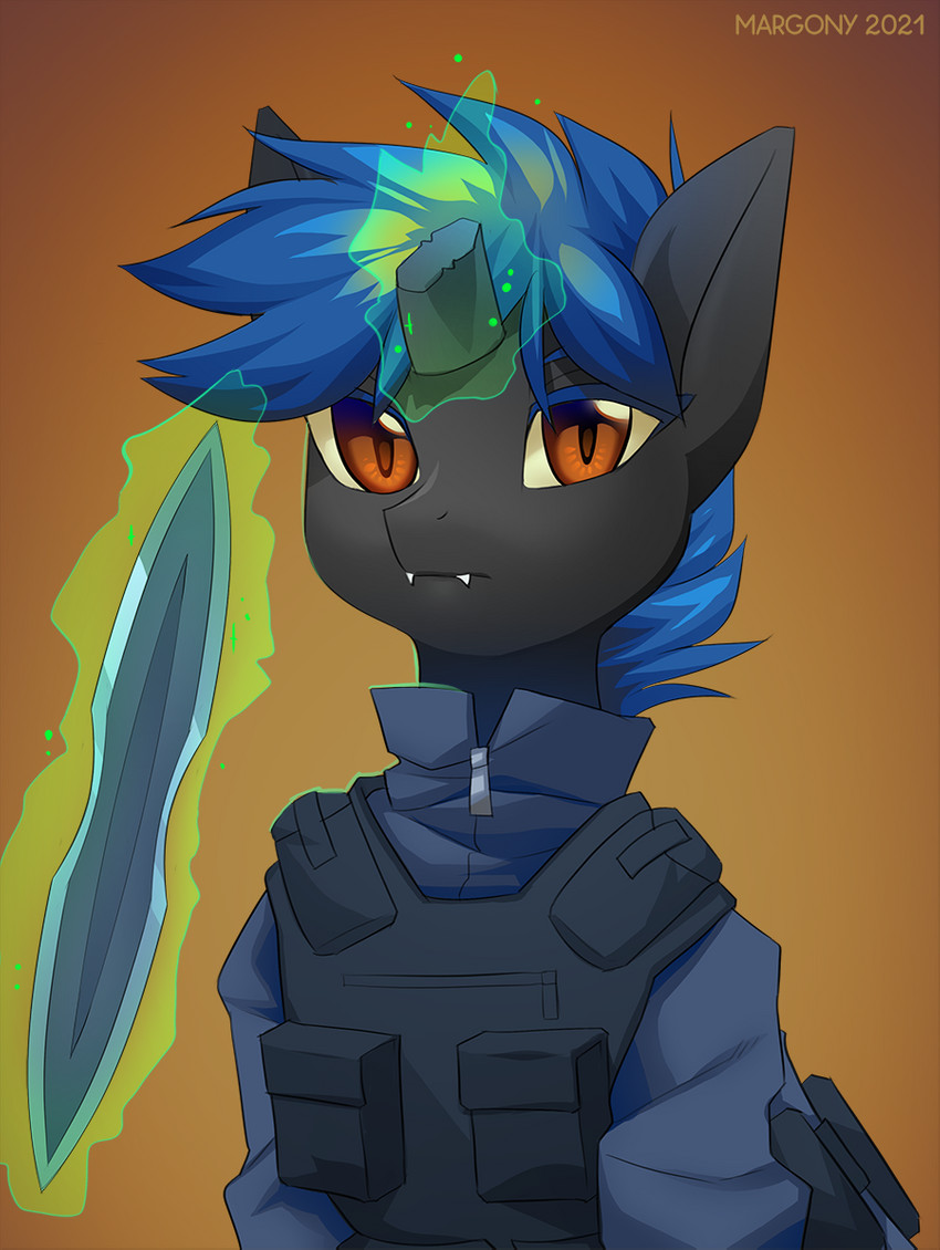 bladed_weapon blue_hair hair horn solo weapon margony hasbro my_little_pony mythology fan_character equid equine mammal mythological_creature mythological_equine unicorn 2021 digital_media_(artwork)