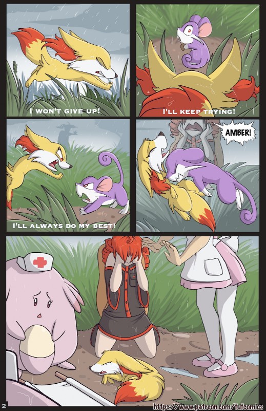 ambiguous_gender dialogue duo_in_panel feral group group_in_panel outside raining solo_in_panel text trio_in_panel fuf nintendo pokemon amber_(fuf) kyra_(fuf) nurse_joy canid canine chansey fennekin generation_1_pokemon generation_6_pokemon human mammal pokemon_(species) rattata rodent 2018 comic digital_media_(artwork) english_text hi_res shaded