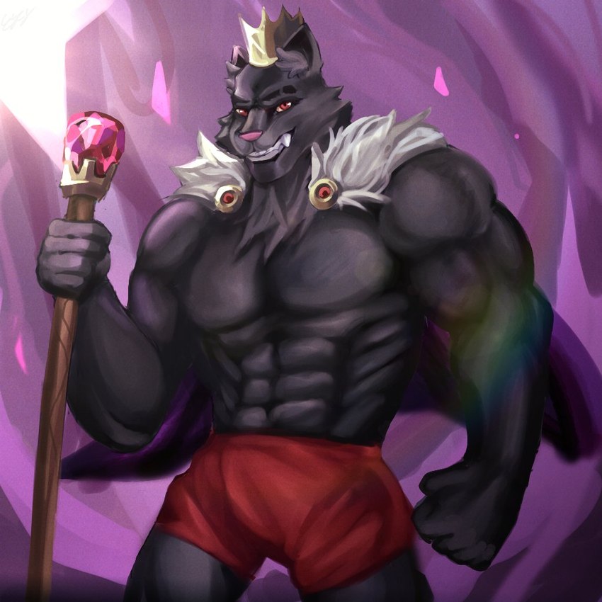 anthro barazoku boxers_(clothing) clothing crown fist grin headgear holding_wand male muscular muscular_anthro muscular_male pink_nose red_boxers red_clothing red_eyes red_underwear royalty smile solo standing teeth underwear dingodoggo2 danny_smoke_in_furry_land king_magnum felid mammal pantherine 1:1 2024 digital_media_(artwork) digital_painting_(artwork) painting_(artwork) portrait shaded three-quarter_portrait