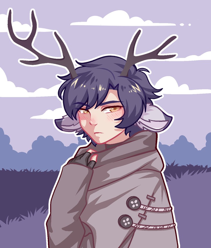 anthro antlers blush cloud horn male solo fumimi_art hawthorn_(delta) animal_humanoid deer deer_humanoid faun humanoid mammal mammal_humanoid half-length_portrait hi_res portrait