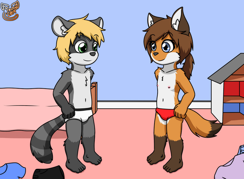 anthro blonde_hair blue_eyes brown_hair clothed clothing discarded_clothing duo female flat_chested green_eyes hair male navel nipples panties partially_clothed show_me_yours topless underwear undressing young young_anthro techboy1423 canid canine fox mammal procyonid raccoon absurd_res hi_res