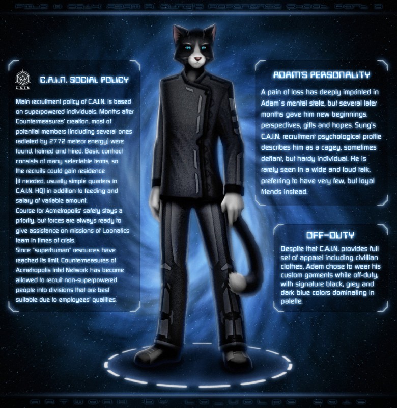 anthro black_body black_fur blue_eyes boots bottomwear clothing footwear fur jacket looking_at_viewer male pants pink_nose science_fiction shoes solo superhero superpowers text topwear white_body white_fur la_volpe adam_sung domestic_cat felid feline felis mammal 2012 english_text hi_res model_sheet