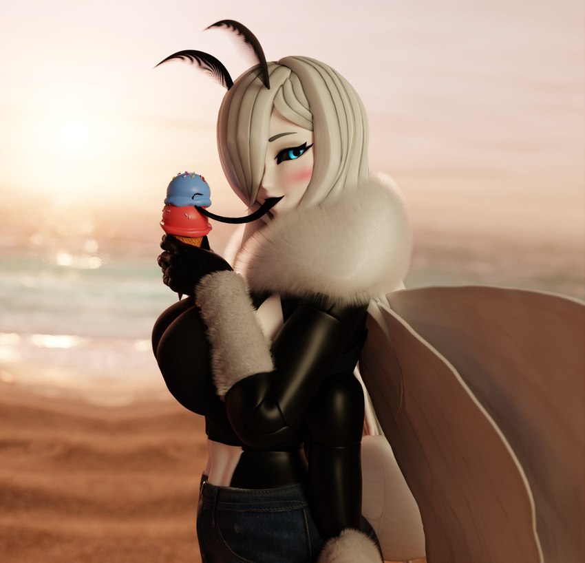 antennae_(anatomy) beach_background big_breasts black_body black_sclera blue_bottomwear blue_clothing blue_eyes blue_jeans blue_pants blush bottomwear bra breasts clothing denim denim_bottomwear denim_clothing dessert female food hair hair_over_eye ice_cream insect_wings jeans jess_(bysamzan) licking_ice_cream long_tongue looking_at_viewer midriff monster_girl_(genre) multi_limb neck_tuft pants smile solo tongue tongue_out tuft underwear wings bysamzan animal_humanoid arthropod arthropod_humanoid humanoid insect insect_humanoid lepidopteran moth 2024 3d_(artwork) blender_(artwork) digital_media_(artwork) hi_res