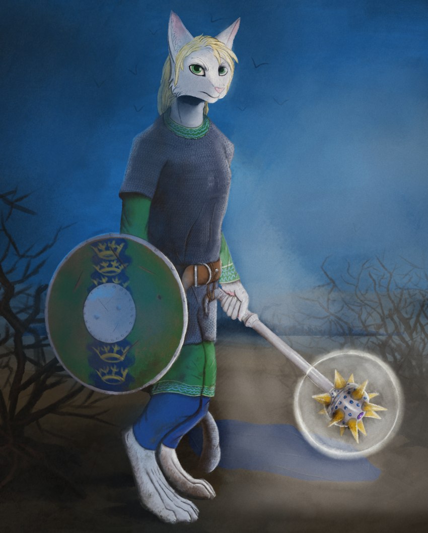 5_fingers anthro belt blonde_hair clothed clothing dead_tree enchanted_weapon eyebrows fantasy fingers green_eyes hair holding_object holding_shield holding_weapon looking_at_viewer magic_weapon male medieval medieval_clothing medieval_fantasy medieval_style mouth_closed nud plant pupils shield sky solo standing tail tree warrior weapon white_sclera leprzil avian bird domestic_cat felid feline felis mammal 2022 digital_media_(artwork) hi_res portrait