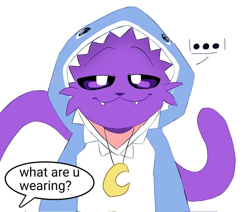 anthro black_sclera black_text blue_costume cheek_tuft closed_smile clothed clothing costume dialogue ellipsis eyebrows facial_tuft fangs fur half-closed_eyes jewelry long_tail looking_at_viewer male moon_pendant mouth_closed narrowed_eyes necklace pendant purple_body purple_eyes purple_face purple_fur purple_neck purple_nose purple_speech_bubble purple_tail raised_tail relaxed_expression shark_suit simple_background smile solo suit tail teeth text tuft white_background white_costume white_eyes yellow_pendant comoon mob_entertainment poppy_playtime smiling_critters catnap_(poppy_playtime) domestic_cat felid feline felis mammal colored english_description english_text hi_res