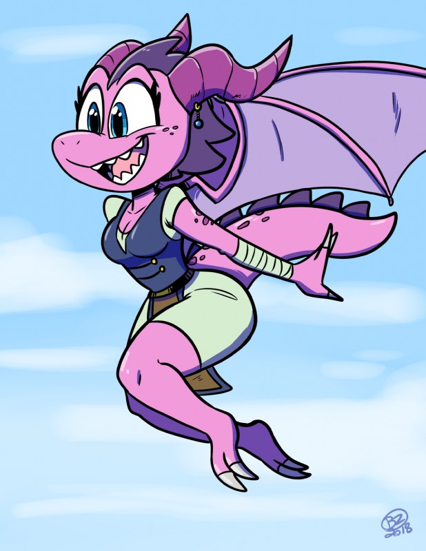 2_toes anthro bandage barefoot blue_eyes breasts cleavage clothed clothing feet female flying happy non-mammal_breasts open_mouth open_smile pink_body plant smile solo tail teeth toes wings jurassiczalar european_mythology mythology crystal_(jurassiczalar) dragon mythological_creature mythological_scalie scalie western_dragon 2018 hi_res