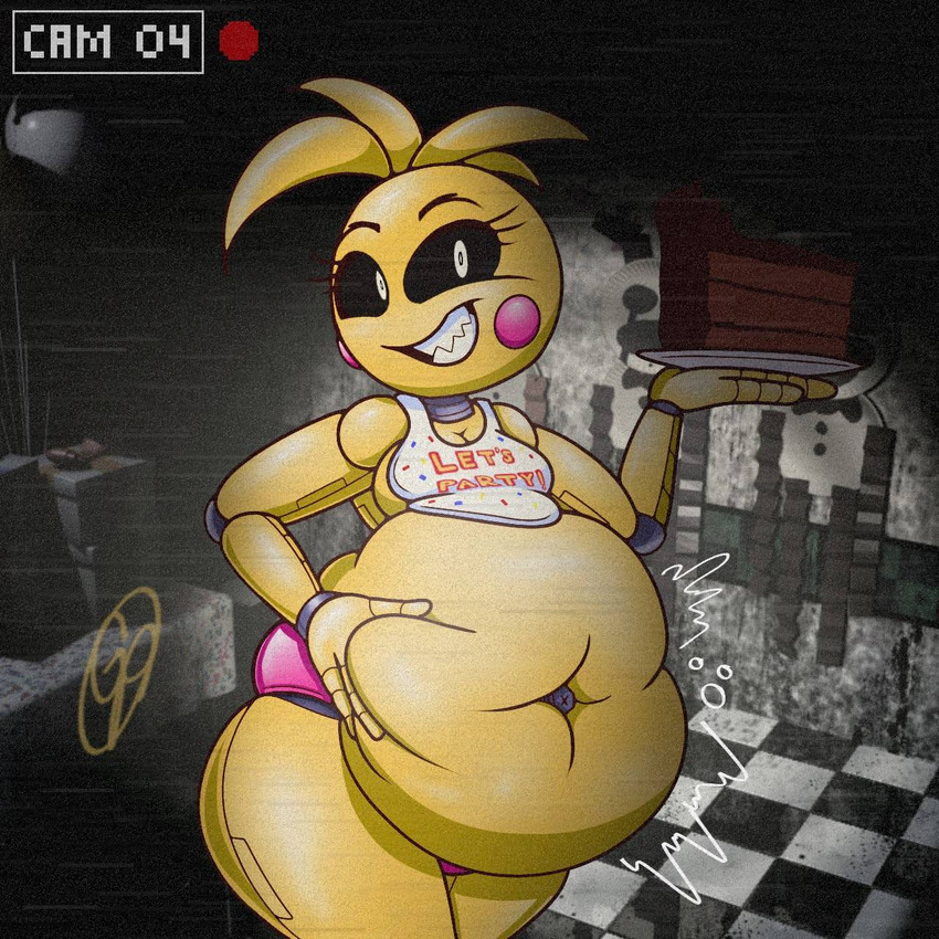 anthro balloon beakless belly belly_expansion belly_grab belly_overhang belly_squish big_belly black_eyebrows black_sclera blonde_hair breasts cake checkered checkered_floor clothing dessert expansion eyebrows eyelashes female food furniture gift hair hand_on_belly hand_on_own_belly holding_plate inflatable inside machine motion_lines navel overweight overweight_anthro overweight_female panties pink_cheeks pink_clothing pink_panties pink_underwear restaurant sharp_teeth small_breasts smile solo squish table teeth text text_on_clothing thick_thighs underwear weight_gain white_bib white_eyes yellow_body goldenpieces five_nights_at_freddy's five_nights_at_freddy's_2 scottgames toy_chica_(fnaf) animatronic avian bird chicken galliform phasianid robot robot_anthro 1:1 2025 cel_shading colored digital_media_(artwork) english_text hi_res shaded signature