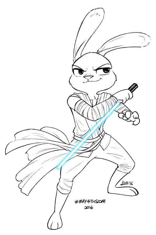 anthro blue_lightsaber clothed clothing cosplay female lightsaber melee_weapon reverse_grip simple_background smile solo weapon white_background alec8ter conditional_dnp disney star_wars zootopia judy_hopps rey_(star_wars) lagomorph leporid mammal rabbit 2016 black_and_white crossover hi_res monochrome signature