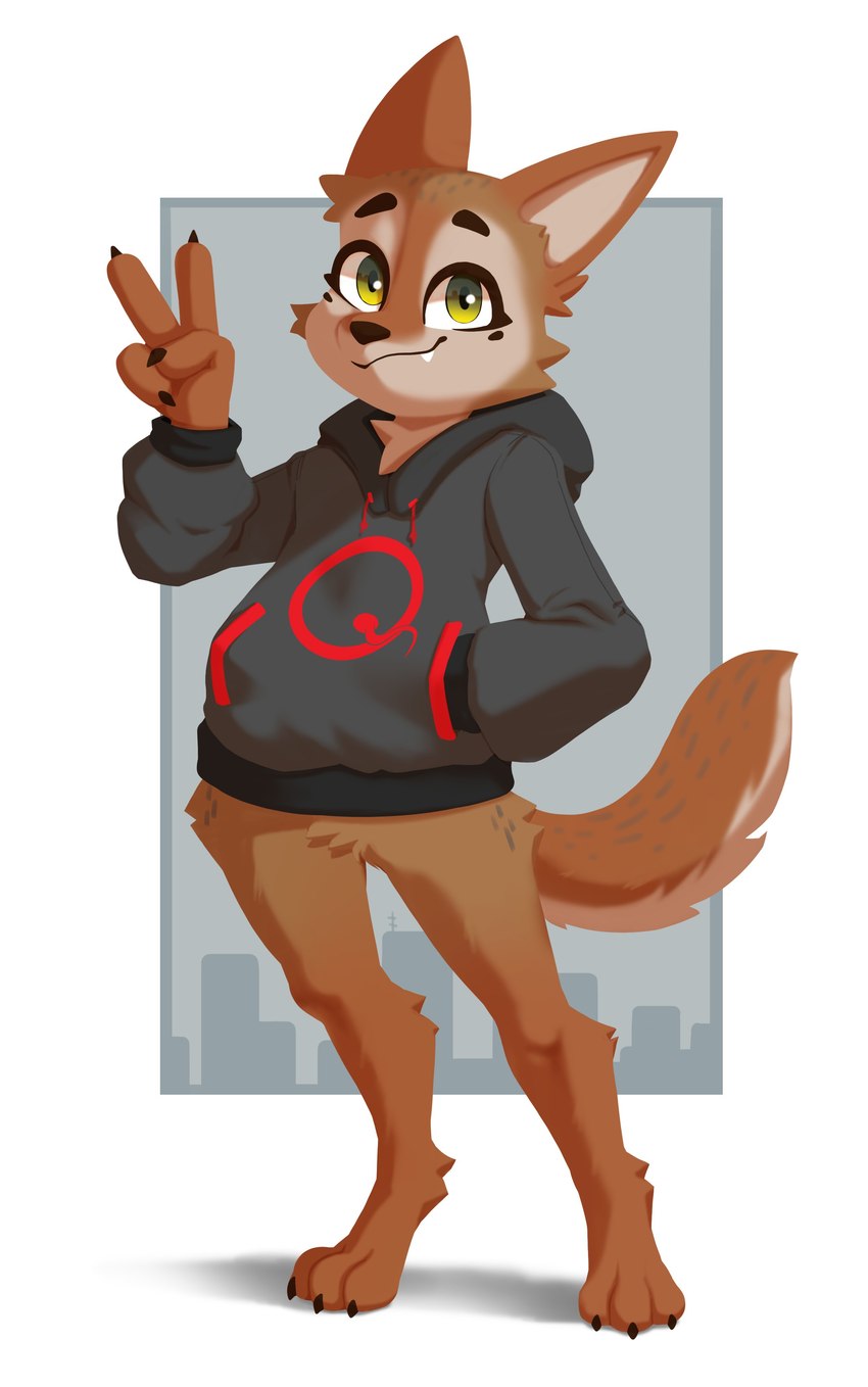 4_fingers anthro clothing digitigrade eyebrows eyelashes feet fingers fur gesture green_eyes hand_gesture hand_in_pocket hoodie looking_at_viewer male pockets solo topwear v_sign miakameron canid canine canis coyote mammal 2024 absurd_res hi_res