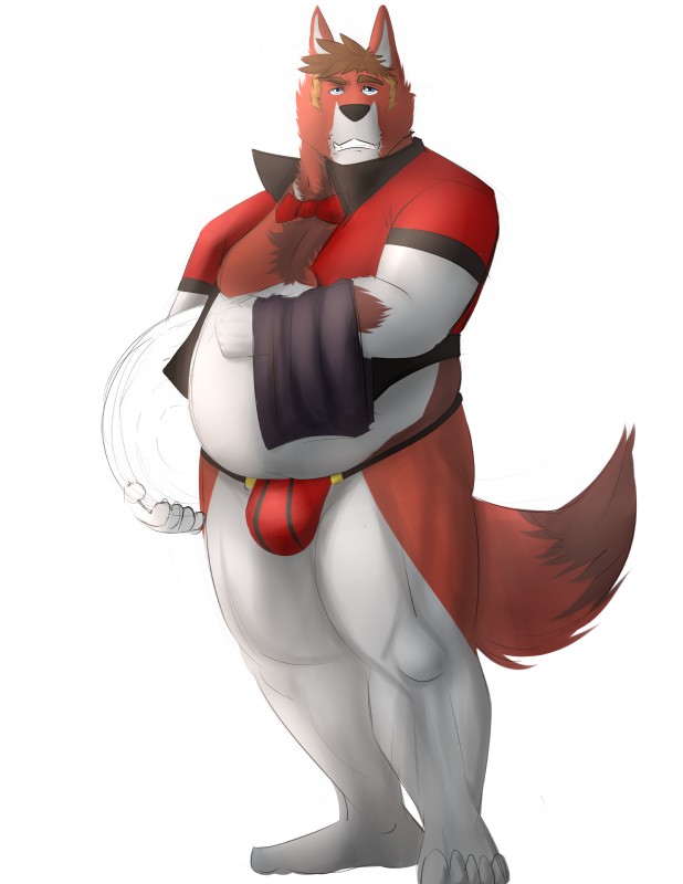 anthro bar belly biped blue_eyes bow_(feature) bow_tie bulge clothed clothing fur hair jockstrap looking_at_viewer male necktie overweight overweight_anthro overweight_male simple_background skimpy smile solo standing suit thong underwear waiter white_background galvinwolf luxordtimet timet canid canine canis mammal wolf absurd_res hi_res