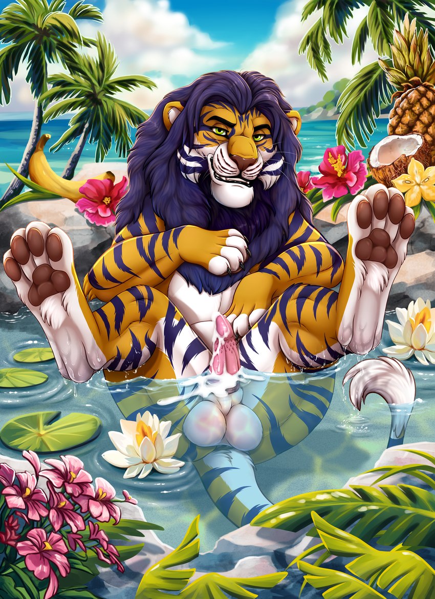 beach bodily_fluids cum feral genital_fluids male paws solo water xtreme3246 microsoft the_elder_scrolls kovu_muabdib felid feline hybrid khajiit liger mammal pantherine tiger absurd_res hi_res